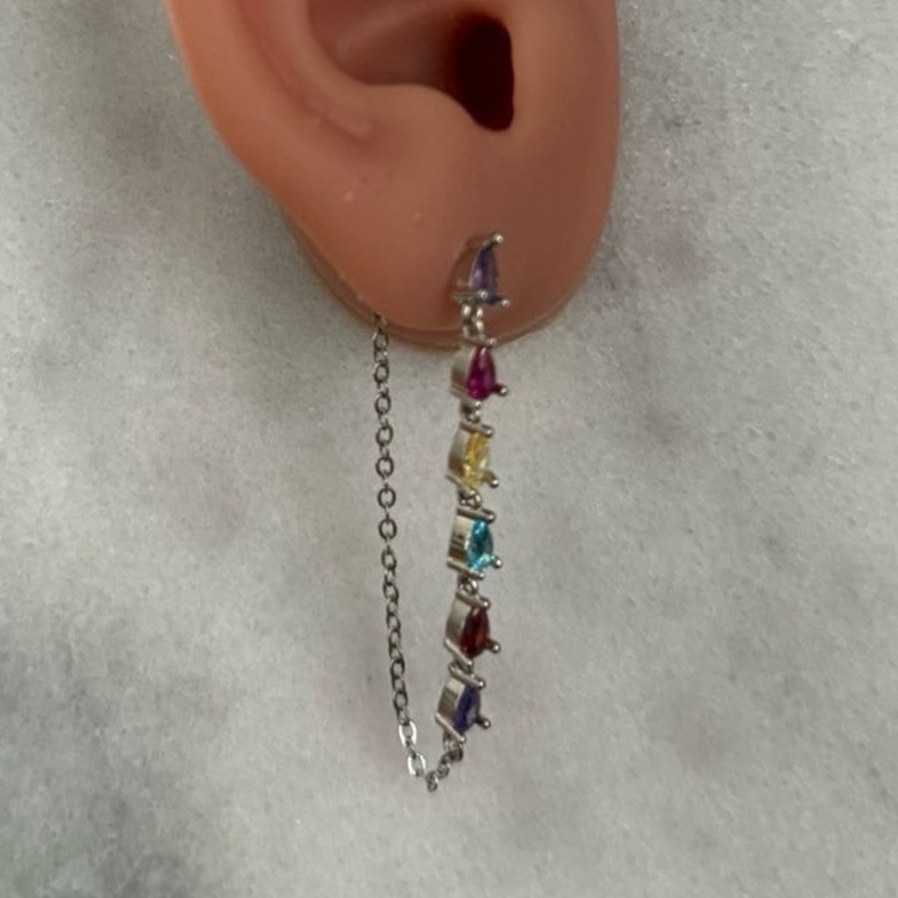 Sterling Silver Rainbow Tear Drop Chain Dangle Earrings - Picture 1 of 4